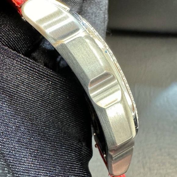 philip stein signature watch MOP dial diamond bezel red wicker strap